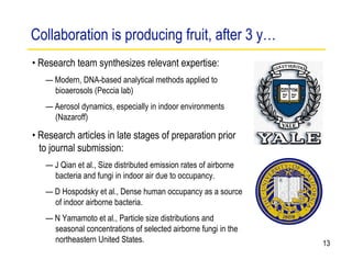 Collaboration is producing fruit, after 3 y…
• Research team synthesizes relevant expertise:
   — Modern, DNA-based analytical methods applied to
     bioaerosols (Peccia lab)
   — Aerosol dynamics, especially in indoor environments
     (Nazaroff)

• Research articles in late stages of preparation prior
  to journal submission:
   — J Qian et al., Size distributed emission rates of airborne
     bacteria and fungi in indoor air due to occupancy.
   — D Hospodsky et al., Dense human occupancy as a source
     of indoor airborne bacteria.
   — N Yamamoto et al., Particle size distributions and
     seasonal concentrations of selected airborne fungi in the
     northeastern United States.                                  13
 
