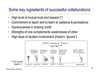 Some key ingredients of successful collaborations
  •    High level of mutual trust and respect (*)
  •    Commitment to teach and to learn w/ patience & persistence
  •    Generousness in sharing credit
  •    Strengths of one complements weaknesses of other
  •    High dose of student involvement (Harte’s “gluons”)




       (*) On mutual
          respect →

Comic source: xkcd.com                                              9
 