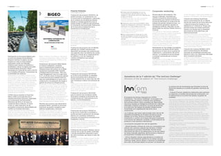 Corporate venturing
Primera edición del programa "The
InnCom Challenge" impulsado por
COMSA Corporación para encontrar
herramientas que mejoren la eficiencia y
la toma de decisiones en la ejecución de
trabajos de grandes infraestructuras. Los
tres proyectos ganadores, basados en
Inteligencia Artificial y Big Data, los han
desarrollado las startups Allread, SAALG y
Finalcad.
First edition of "The InnCom Challenge"
project promoted by COMSA Corporación
to discover tools which improve the
efficiency and decision making process in
the execution of large-scale infrastructure
work projects. The three winning projects,
based on Artificial Intelligence and Big
Data were developed by the start-ups:
Allread, SAALG and Finalcad.
Participación en The Collider, el programa
de innovación de Mobile World Capital
Barcelona en el marco de un acuerdo de
colaboración, y presentación del primer
informe “La transferencia de tecnología
y empresa” promovido por el mismo
programa.
Participation in The Collider, the innovation
program of Mobile World Capital
Barcelona in the framework of an endorsed
collaboration agreement, and presentation
Participación en el proyecto Ballaxt junto
al centro tecnológico Korea Railroad
Research Institute. El objetivo de este
proyecto es crear un nuevo balasto
optimizado a partir de materiales
sintéticos para mejorar su resistencia y
durabilidad y reducir los gastos asociados
al mantenimiento ferroviario. Misión
tecnológica en Corea del Sur junto a ACC1Ó
y la Consellera d’Empresa i Coneixement de
la Generalitat de Catalunya.
Participation in the Ballaxt project jointly
with the Korea Railroad Research Institute
technological centre. The objective of this
project is to create a new optimized ballast
based on synthetic materials to improve
its resistance and durability and reduce the
expenses related to railway maintenance.
Technological mission to South Korea
jointly with ACC1Ó and the Council of
Business and Knowledge of the Regional
Government of Catalonia.
COMSA estuvo presente en Expo Rail
México 2019, la principal feria de la
industria ferroviaria mexicana, organizada
por la Asociación de Ferrocarriles
Mexicanos del 26 al 27 de marzo en
Ciudad de México (México). El stand
incluía un video explicativo de las
principales innovaciones desarrolladas por
COMSA en el ámbito ferroviario.
COMSA attended the Expo Rail Mexico
2019, the main Mexican trade fair of the
railway industry, organized by the Mexican
Railways Association from 26 to 27
1 Prueba piloto de Neoballast en una vía
convencional de Adif de tráfico mixto, de
pasajeros y mercancías, entre Sils y Maçanet de
la Selva, en Girona.
Neoballast pilot test in an Adif conventional
track for mixed traffic, between Sils and
Maçanet de la Selva in Girona.
2 Publicación de la Guía Técnica BiGEO, sobre
Geotermia integrada en cimentación. Descargar
publicación en: https://bigeo.comsa.com
Publication of the BiGEO Technical Guide,
on the Integrated Geothermal System in
foundations. Download publication at:
https://bigeo.comsa.com
3 Misión empresarial en Corea del Sur junto
al National Research Council of Science and
Technology (NST), principal entidad de I+D+I
del país.
Joint business mission in South Korea to the
National Research Council of Science and
Technology (NST), the benchmark R&D+i
institution in the country.
March in Mexico City (Mexico). The stand
included an explanatory video of the main
innovations developed by COMSA in the
railway sector.
Presentación del proyecto RESILTRACK,
un sistema inteligente y resiliente
para el mantenimiento predictivo de
infraestructuras ferroviarias, en el IABSE
Symposium Guimarães 2019 ‘Towards
a Resilient Built Environment - Risk and
Asset Management’ que tuvo lugar entre
el 27 y el 29 de marzo. El simposio planteó
a nivel internacional el debate sobre los
retos de sostenibilidad en el sector de la
construcción y la evaluación de riesgos y
gestión de activos en infraestructuras.
Presentation of the RESILTRACK project,
a resilient and smart system for predictive
maintenance of railway infrastructures, at
the IABSE Symposium Guimarães 2019
‘Towards a Resilient Built Environment -
Risk and Asset Management’ which took
place on 27-29 March. The Symposium
featured a debate at the international level
about the challenges of sustainability in
the construction sector, risk evaluation and
asset management in infrastructures.
Miembro del consorcio que desarrolla el
programa DRIvE, centrado en encontrar
soluciones de gestión energética para
edificios residenciales y terciarios.
Member of the Consortium which
implements the DRIvE program, focused
on finding energy management solutions
for residential and tertiary buildings.
Proyectos finalizados:
Concluded projects:
Finalización del proyecto GEOTECH, de
ámbito europeo, en colaboración con
14 socios para la investigación y desarrollo
de un sistema de climatización híbrido
basado en energía geotérmica que se
pueda instalar en edificios aprovechando
la cimentación termoactivada. Publicación
de la Guía para la Integración de la
Geotermia en la Edificación.
Conclusion of the GEOTECH project,
with an European scope, in collaboration
with 14 partners for the research and
development of a hybrid AC/Heating
System based on geothermal energy
which can be installed in buildings, taking
advantage of the thermal-activated
foundation. Publication of the Guide for
the Integration of Geothermal Systems in
Building.
Finalización del proyecto de I+D REFER
liderado por COMSA Industrial para
desarrollar tecnologías que proporcionen
una segunda vida a las baterías de coches
eléctricos a través de su implementación
en edificios y, a la vez, analizar los
cambios energéticos que puedan
experimentar.
Conclusion of the REFER R&D project
spearheaded by COMSA Industrial to
develop technologies which provide a
second life to the electrical car batteries
through their implementation in buildings
and in turn, analyse the energy changes
which they can undergo.
Finalización del proyecto NOVOFUEL
en el que se ha estudiado la viabilidad
técnico-económica de la utilización a
escala industrial de un nuevo tipo de CSR
que contribuye a reducir las emisiones de
CO2
.
Conclusion of the NOVOFUEL project
which studied the technical-economic
viability of the use of a new type of CSR
at an industrial scale which helps to
reduce CO2
emissions.
Finalización del proyecto RECOVER
para la creación de corredores verdes
ferroviarios mediante la eliminación de
contaminación por hidrocarburos en el
balasto y la fitorremediación.
Conclusion of the RECOVER project
for the creation of the green railway
corridors through the elimination of
hydrocarbon pollution in the ballast and
phytoremediation.
Finalización del proyecto ROADZ en
el que se ha construido un prototipo a
escala real para la generación de energía
eléctrica en carreteras mediante la
utilización de dispositivos piezoeléctricos
trabajando a flexión.
Conclusion of the ROADZ project which
has built a prototype at a real scale for
the generation of electrical power in roads
through the use of using piezoelectric
devices working at flexion.
Finalización del proyecto Albepav para la
creación de un tipo de asfalto sostenible
y de alta durabilidad, elaborado a partir
de vidrio reciclado, que disipa el calor del
entorno.
Conclusion of the Albepav project for the
creation of a type of sustainable asphalt
with high durability, manufactured based
on recycled glass which dissipates the
heat of the environment.
of the first report “Technology transfer and
business”, promoted by the same program.
Creación de la Startup SmartTower
para la comercialización de un sistema
remoto de inspección de torres eléctricas
y telecomunicaciones basado en una
plataforma IoT (Internet of Things) que
permita evaluar de manera autónoma,
remota y en tiempo real, la integridad
estructural de torres eléctricas y de
telecomunicaciones.
Creation of the Start-up SmartTower for
the marketing of a remote inspection
system of electrical and telecommunication
towers based on an IoT platform (Internet
of Things) which permits assessment in an
autonomous and remote way in real time
of the structural integrity of electrical and
telecommunication towers.
Creación de la startup NEOBALLAST®
para la comercialización del balasto
avanzado de durabilidad extendida que
atenúa el ruido y las vibraciones derivadas
de la circulación de trenes.
Creation of the NEOBALLAST® start-up
for the marketing of advanced ballast with
extended durability which attenuates the
noise and vibrations derived from train
traffic.
3
1 2
Innovación Innovation 33 Innovación Innovation
Ganadores de la 1ª edición de “The InnCom Challenge”
Winners of the 1st edition of “The InnCom Challenge”
El programa de startups impulsado por COMSA
Corporación, “The InnCom Challenge”, ha escogido a las
empresas Allread, SAALG y Finalcad como ganadoras
de la primera edición. Estas compañías han desarrollado
soluciones basadas en Inteligencia Artificial (IA) y Big Data
enfocadas a mejorar la eficiencia y la toma de decisiones
en la ejecución de trabajos de grandes infraestructuras
fomentando así la digitalización del sector de la
construcción.
Las 3 startups, que fueron seleccionadas entre más de 120
aspirantes procedentes de 34 países de todo el mundo,
trabajan con el Área Técnica e Innovación de COMSA
Corporación y cuentan con el apoyo del grupo empresarial
en el proceso de validación, escalado y comercialización de
producto a nivel nacional e internacional.
Los proyectos escogidos han sido los siguientes:
- Allread (España): software de visión por computadora que
detecta, lee y procesa cualquier tipo de texto o símbolo
que aparezca en procesos industriales. Permite extraer
información de valor en las operaciones a la vez que reduce
las tareas manuales repetitivas, elimina errores e impulsa el
procesamiento inmediato de la información.
- SAALG (España): startup especializada en el análisis de
datos de instrumentación geotécnica en tiempo real para
minimizar riesgo, ahorrar tiempo y maximizar la rentabilidad
de la obra. Su principal objetivo es proveer a la industria de
la construcción de herramientas que fomenten la toma de
decisiones basadas en el análisis de grandes volúmenes de
trabajo.
- Finalcad (Francia): plataforma colaborativa para optimizar
la inspección y el análisis del proceso de construcción, con
un especial foco en el control de calidad y la gestión de
acabados.
The startup programme promoted by COMSA Corporación,
“The InnCom Challenge”, has choseen Allread, SAALG and
Finalcad as the winners of its first edition. These companies
have developed solutions based on Artificial Intelligence (AI)
and Big Data aimed at improving efficiency and decision-
making in the execution of large infrastructure works, thus
promoting the digitalisation of the construction sector.
The 3 startups, which were selected from over 120
candidates from 34 countries all over the world, work with
COMSA Corporación’s Technical and Innovation Department
and have the support of the business group for the product
validation, scaling-up and marketing process on a national
and international level.
The projects chosen in the first edition of “The InnCom
Challenge” are as follows:
- Allread (Spain): computer vision software that detects,
reads and processes any type of text or symbol appearing in
industrial processes.
- SAALG (Spain): startup specialising in the real time
analysis of geotechnical instrumentation data to minimise
risk, save time and maximise the profitability of works.
- Finalcad (France): collaborative platform to optimize the
inspection and analysis of the construction process, with a
special focus on quality control and finishes management.
Challenge for
innovation
 