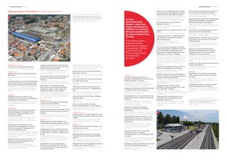 1
Infraestructuras ferroviarias Railway infrastructure
1 Obras de la segunda fase de la Línea 4 del
Metro de São Paulo (Brasil). Terminal Vila Sônia.
Works for the second phase of Line 4 of São
Paulo Metro (Brazil). Terminal Vila Sônia.
Dinamarca Denmark
Construcción del tranvía de Odense.
Construction of the Odense tramway.
Brasil Brazil
Segunda fase de la Línea 4 del Metro de
São Paulo.
Second phase of Line 4 of the São Paulo
Metro.
Construcción de un tramo de 10 kilómetros
de vía entre Río Claro y Camaqua en São
Paulo para la empresa Rumo Malha Norte.
Construction of a 10 kilometres section of
track between Río Claro and Camaqua in
São Paulo for the company Rumo Malha
Norte.
Uruguay
Rehabilitación de un tramo de 327
kilómetros de vía entre las localidades de
Piedra Sola y Salto Grande.
Refurbishment of a 327 kilometres section
of track between Piedra Sola and Salto
Grande.
Argentina
Recuperación de la infraestructura del
ferrocarril Belgrano Cargas entre Los
Frentones y Pampa del Infierno en la
provincia de Chaco.
Recovery of the Belgrano Cargas railway
infrastructure between Los Frentones
and Pampa del Infierno in the province of
Chaco.
Renovación de 11 kilómetros de vía
doble de la línea Belgrano Sur entre las
estaciones de Sáenz y Tapiales, en la
provincia de Buenos Aires.
Renewal of 11 kilometres of double track on
the Belgrano Sur line between the stations
of Sáenz and Tapiales in the province of
Buenos Aires.
Mejora de vía en el tramo Sorrento – La
Salada de la línea de Belgrano en la
provincia de Santa Fe.
Track upgrade on the section from
Sorrento to La Salada on the Belgrano line
in the province of Santa Fe.
Construcción de puentes ferroviarios en
diferentes puntos de las líneas C12, C15 y
C18 de la provincia de Salta.
Construction of railway bridges at various
points on lines C12, C15 and C18 in the
province of Salta.
Renovación total de la estructura de vías
entre las localidades de San Nicolás-
Fighiera.
Total renovation of the track structures
between the towns of San Nicolás-Fighiera.
Adecuación y remodelación de las
estaciones de la línea entre Gral Mitre-
Renglones, desde La Torre hasta San
Nicolás-San Pedro y 3 de Febrero.
Adaptation and remodelling of the stations
between the Gral Mitre-Renglones lines,
from La Torre up to San Nicolás-San Pedro
and 3 de Febrero.
Croacia Croatia
Finalización de la línea ferroviaria entre
Gradec y Sveti Ivan Žabno.
Completion of the railway line between
Gradec and Sveti Ivan Žabno.
Trabajos de mejora de un tramo de 18,7 km
de la línea de ferrocarril entre Vinkovci y
Vukovar.
Improvement of an 18.7 km stretch of the
railway line between Vinkovci and Vukovar.
Polonia Poland
Adecuación de la línea 406 entre las
localidades de Szczecin Główny y Police.
Upgrade of line 406 between Szczecin
Główny and Police.
Modernización de los sistemas de vías,
infraestructura asociada y estaciones en
el ramal Pozna – Główny – Rokietnica de
la E59.
Modernization of the track systems,
associated infrastructure and stations on
the Pozna - Główny - Rokietnica spur of
line E59.
Rehabilitación de la infraestructura
ferroviaria en las líneas 273, 351 y 401
y construcción de la nueva estación de
Szczecin Dunikowo.
Rehabilitation of railway infrastructure on
lines 273, 351 and 401 and construction of a
new station at Szczecin Dunikowo.
Modernización de la estación Warszawa
Główna de Varsovia.
Modernization of Warszawa Główna station
in Warsaw.
Reconstrucción de un tramo de tranvía en
la ciudad de Cracovia.
Reconstruction of a tram section in the city
of Krakow.
Modernización de los sistemas de vías
en la sección Choszczno - Stargard de la
E59.
Modernization of the track systems in the
Choszczno - Stargard section of E59.
Línea de ferrocarril E59. Tramo Stargard -
Szczecin Dąbie.
E59 Railway Line. Stargard - Szczecin
Dąbie section.
Diseño y construcción de la línea
ferroviaria entre Bronów - Wisła Głębce.
Design and construction of the railway line
between Bronów - Wisła Głębce.
Lituania Lithuania
Construcción de un tramo de doble vía en
la sección Plung - Šateikiai 2018 / pcsr-3-11
/ 8290.
Double track construction in the section:
Plung - Šateikiai 2018 / pcsr-3-11 / 8290.
México Mexico
Construcción de un tramo de doble vía en
el Puerto de Veracruz.
Construction of a double-track section in
Veracruz Port.
Mantenimiento del sistema de vías del
tren ligero en el tramo Tasquena-Estadio
Azteca.
Maintenance of the light train track system
in the Tasquena-Estadio Azteca section.
Mantenimiento de las instalaciones de vías
del Metro de Ciudad de México.
Maintenance of the track facilities of the
Mexico City Metro.
1 Principales actividades Main activities Principales actividades Main activities 1
España Spain
Construcción de dos tramos en el
Corredor del Mediterráneo entre Murcia y
Almería: Andarax - El Puche.
Construction of two sections of the
Mediterranean Corridor between Murcia
and Almería: Andarax - El Puche.
Integración ferroviaria de la Alta Velocidad
en el barrio de El Puche (Almería).
Integration of the high-speed line in the El
Puche district (Almería).
Remodelación de vía y electrificación del
ramal Pobla Llarga – Silla de Cercanías de
Valencia.
Track overhaul and electrification of the
Pobla Llarga - Silla spur of the Valencia
commuter train network.
Construcción del tramo Lugaritz –
Miraconcha del Metro de Donostia
(Guipúzcoa).
Construction of the Lugaritz - Miraconcha
section of the Donostia Metro (Guipúzcoa).
Renovación de vía en las líneas 1, 2, 4 y
9 del Metro de Barcelona y mejora de la
accesibilidad en la estación de Vallcarca
de la línea 3.
Track renovation on Lines 1, 2, 4 and 9
of the Barcelona Metro and accessibility
enhancement at Vallcarca station
on Line 3.
Construcción del sector 3 del ramal
Mondragón, Elorrio y Bergara
correspondiente a la Alta Velocidad vasca
(Y vasca).
Construction of sector 3 of the Mondragón,
Elorrio and Bergara spur of the Basque
high-speed line (Basque Y).
Prolongación del soterramiento de la línea
de FGC en Sabadell (Barcelona).
Extension of the burying of the FGC line in
Sabadell (Barcelona).
La línea
ferroviaria entre
Gradec y Sveti Ivan
Žabno, ejecutada por
COMSA, es la primera
de nueva construcción
en Croacia desde hace
52 años.
The railway section
between Gradec
and Sveti Ivan Žabno,
executed by COMSA,
was the first line
of new construction
in Croatia for
52 years.
2 Tramo de ferrocarril entre las provincias de
Gradec y Sveti Ivan Žabno (Croacia).
Railway line between Gradec and Sveti Ivan
Žabno (Croatia).
Ejecución de la plataforma que conecta
el trazado de Alta Velocidad con la línea
convencional en Taboadela (Ourense).
Construction of the track bed connecting
the high-speed alignment with the
conventional line at Taboadela (Ourense).
Ejecución del tranvía de Alcalá de
Guadaira (Sevilla).
Execution of the Alcalá de Guadaira
tramway (Sevilla).
Ampliación de las cocheras del tranvía de
Vitoria.
Expansion of the Vitoria tramway depot.
Obras de reparación y rehabilitación del
túnel 98 bis de la línea ferroviaria del
Garraf (Barcelona).
Repair and rehabilitation works of
the Garraf railway line 98 bis tunnel
(Barcelona).
En el marco de la inauguración del AVE
Antequera-Granada: montaje de vía entre
Tocón y Granada; construcción de la
estación de Granada; plataforma Tocón-
Valderrubio, y accesos a Granada.
In the framework of the inauguration of the
Antequera-Granada high-speed line: track
assembly between Tocón and Granada;
construction of the Granada station; Tocón
- Valderrubio platform and accesses to
Granada.
Obras de consolidación estructural de la
estación de Méndez Álvaro (Madrid).
Structural consolidation works of the
Méndez Álvaro station (Madrid).
Adjudicación de las obras de ampliación
de vías y andenes de la estación de Plaza
Catalunya de FGC (Barcelona).
Contract for the extension of the platforms
and railways of FGC Plaça Catalunya
station (Barcelona).
Renovación de la vía en el tramo
Guadalmez-Cabeza de Buey de la Línea
de Ciudad Real - Badajoz.
Track renovation in the Guadalmez -
Cabeza de Buey section of the Ciudad Real
- Badajoz line.
Mantenimiento de infraestructura, vía
y aparatos de vía de la línea de Alta
Velocidad Madrid - Sur.
Maintenance of infrastructure, track and
track devices for the Madrid - Sur high-
speed line.
2
Modernización de la estación de Alfonso
XIII en la línea 4 del Metro de Madrid.
Modernization of the Alfonso XIII station in
line 4 of Metro de Madrid.
Adaptación de la estación de Mataporquera
para el estacionamiento y apartado de
trenes de 750 metros de longitud.
Adaptation of the Mataporquera station for
parking and train section with a length of
750 meters.
Ampliación de la longitud útil de las vías
de la estación de Lezo-Rentería.
Extension of the useful length of the tracks
of the Lezo - Rentería station.
Mantenimiento y amolado de vía en líneas
ferroviarias y de tranvía de ETS (Euskal
Trenbide Sarea).
Track maintenance and grinding works in
the railway and tram lines of ETS (Euskal
Trenbide Sarea).
Obras de construcción de la nueva
estación de Hendaia para ETS (Euskal
Trenbide Sarea): estación provisional,
bungalows y la nueva estación.
Construction works of the new Hendaia
station of ETS (Euskal Trenbide Sarea):
provisional station, bungalows and new
station.
Construcción de la estación del AVE de La
Sagrera (Barcelona).
Construction of La Sagrera's high-speed
train station (Barcelona).
Portugal
Electrificación de la línea ferroviaria do
Minho entre Viana do Castelo y Valença
Fronteira.
Electrification of the Linha do Minho
railway line between Viana do Castelo and
Valença Fronteira.
Mantenimiento de vía y catenaria de las
líneas ferroviarias al norte del país.
Maintenance of track and overhead line of
the railway lines of the northern area of the
country.
 