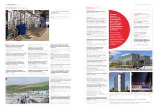 Argelia Algeria
Diseño y suministro de una planta de
tratamiento de aguas residuales en
Rhourde Nouss para Sonatrach.
Design and supply of a wastewater
treatment plant at Rhourde Nouss for
Sonatrach.
Ampliación de la planta de producción de
agua desmineralizada perteneciente a la
central de ciclo combinado de Djelfa.
Expansion of the demineralized water
production plant of the Djelfa combined-
cycle power station.
Suministro, instalación y puesta en
marcha de una planta de tratamiento
de aguas de proceso para la empresa
COTEST en Constantine.
Supply, installation and commissioning of
a water treatment plant for the company
COTEST in Constantine.
Suministro, instalación y puesta en
marcha de una planta fisicoquímica para
Sandoz en Argel.
Supply, installation and commissioning of
Polonia Poland
Construcción del edificio de la Escuela
Primaria Dzika, en Zabki.
Construction ofthe Dzika Primary School
Building, in Zabki.
España Spain
Ejecución del proyecto de construcción
de la nueva planta de producción de la
farmacéutica Alter en Meco (Madrid).
Execution of the construction project of
the new Alter pharmaceutical production
plant in Meco (Madrid).
Construcción llave en mano del mercado
provisional de la Abacería de Barcelona.
Turnkey construction of the provisional La
Abacería market in Barcelona.
Construcción del Pediatric Cancer
Center del Hospital Sant Joan de Déu de
Barcelona.
Construction of the Pediatric Cancer
Centre of the Hospital Sant Joan de Déu
in Barcelona.
Edificación de la nueva sede de la empresa
Natura Bissé en Cerdanyola del Vallès
(Barcelona).
Building of the new headquarters of the
company Natura Bissé in Cerdanyola del
Vallès (Barcelona).
Adecuación de tres pabellones del
mercado de frutas y hortalizas de
Mercabarna (Barcelona).
Upgrade of three pavilions of the
Mercabarna fruit and vegetable market
(Barcelona).
Reforma y ampliación del Edificio Labor
de la empresa Kern Pharma.
Refurbishment and expansion of the Labor
Building of the company Kern Pharma.
Ampliación del Campus Sur de la escuela
de negocios IESE en Barcelona.
Expansion of the South Campus of the
IESE business school in Barcelona.
Construcción de un complejo de oficinas
para Barcelona de Inmuebles en el distrito
del 22@ de Barcelona.
Construction of an office complex for
Barcelonesa de Inmuebles in the 22@
district of Barcelona.
Nuevo Instituto de Educación Secundaria
en Haria, Lanzarote.
New secondary education school in Haria,
Lanzarote.
Rehabilitación integral del edificio de
oficinas de Adif de Paseo del Rey en Madrid.
Total rehabilitation of Adif’s office building
on Paseo del Rey in Madrid.
Construcción de la nueva planta de
producción farmacéutica de Pharmaloop
en Alcalá de Henares (Madrid).
Construction of the new Pharmaloop
laboratory production plant in Alcalá de
Henares (Madrid).
Construcción del nuevo Centro
Penitenciario Abierto en Tarragona.
Construction of the new Open Penitentiary
Centre in Tarragona.
Rehabilitación del edificio de oficinas de la
antigua sede de la Autoridad Portuaria del
Puerto de Tarragona.
Refurbishment project of an office building
in the former Port Authority Head Offices
of the Tarragona Port.
1 Construcción del Campus Administrativo de la Generalitat en la Zona Franca de Barcelona para
Infraestructures.cat.
Construction of the Generalitat de Catalunya Administrative Campus located in the Zona Franca of
Barcelona for Infraestructures.cat.
2 Construcción de un centro residencial universitario en Barcelona con el modelo BIM.
Construction of a university hall residence in Barcelona. Spain.
3 Construcción del Estadio Johan Cruyff del FC Barcelona en Sant Joan Despí. ©FCBARCELONA
FC Barcelona’s Estadi Johan Cruyff construction in Sant Joan Despí.
Edificación Building
1 Principales actividades Main activities 1 PRINCIPALES ACTIVIDADES MAIN ACTIVITIES
1 Planta PTA central de ciclo combinado de
Lichterfelde en Berlín.
PTA combined cycle power plant of Lichterfelde
in Berlin.
2 Puesta en servicio de la EDAR de Ain Kihel
(Argelia).
Commissioning of the Ain Kihel WWTP (Algeria)
a physical-chemical plant for Sandoz in
Algiers.
Puesta en servicio de la planta
desalobradora de Djaama para
alimentación de agua potable.
Commissioning of the Djamaa desalination
plant to supply potable water.
Diseño y suministro de una planta de
ósmosis inversa y descalcificación para la
planta de Jumbo en Orán.
Design and supply of a reverse osmosis
and decalcification plant for the Jumbo
factory in Oran.
Diseño e implementación de un sistema
de tratamiento de aguas residuales
para la planta de la compañía papelera
Faderco en Argel.
Design and implementation of a
wastewater treatment system for a factory
of the Faderco paper company in Algiers.
Mantenimiento y recambios de la central
de ciclo combinado Koudiet.
Maintenance and spare parts for the
Koudiet combined cycle power plant.
Obra hidráulica Hydraulic works
Puesta en servicio de la EDAR de Ain
Kihel, en Wilaya d'Ain Temouchent,
Algeria, para una población de 23.000
habitantes.
Commissioning of the Ain Kihel WWTP, in
Wilaya d’Ain Temouchent, for a population
of 23,000 people.
España Spain
Diseño y suministro de un tratamiento
físico químico del agua residual para la
empresa Clariant en Sant Andreu de la
Barca.
Design and supply of a chemical and
physical wastewater treatment system for
the Clariant Company in Sant Andreu de
la Barca.
Nuevos colectores de aguas pluviales en
Santa Cruz de Tenerife.
New rainwater collectors in Santa Cruz de
Tenerife.
Construcción del tanque de tormentas
de la Estación Depuradora de Aguas
Residuales de Galindo en Barakaldo
(Vizcaya).
Construction of a storm tank for the
Galindo wastewater treatment plant in
Barakaldo (Vizcaya).
Ampliación de la planta de tratamiento de
lixiviados del vertedero de Hostalets de
Pierola (Barcelona).
Extension of the leachate treatment
plant of the Hostalets de Pierola landfill
(Barcelona).
Sustitución de los filtros de arena de la
EDAR de Font Vella en Sant Hilari Sacalm
(Girona).
Replacement of sand filters of the
Font Vella WWTP in Sant Hilari Sacalm
(Girona).
Alemania Germany
Finalización de la planta de tratamiento
de aguas y condensados en la central
de ciclo combinado de Lichterfelde en
Berlín.
Completion of the water and condensate
treatment plant at the Lichterfelde
combined-cycle power station in Berlin.
La nueva
planta de
producción de
la farmacéutica
Alter (17.216
m2
) se ejecutará
como proyecto
global incluyendo
la urbanización y
edificación.
The new Alter
pharmaceutical
production plant
(17,216 m2
) will be
executed as a global
project including
urbanisation and
building.
1
2
2
1
3
Proyectos ejecutados con el
modelo BIM (Building Information
Modelling):
Projects executed by using BIM
technology (Building Information
Modelling):
Nueva bodega vinícola para el
grupo Peralada.
New wine cellar for the Peralada
group.
Construcción del nuevo Estadio
Johan Cruyff del FC Barcelona.
Construction of the FC
Barcelona’s new Estadi Johan
Cruyff.
Construcción de un centro
residencial universitario en
Barcelona.
Construction of a university hall
residence in Barcelona.
Transformación del Paranimf de
la Escuela Industrial de Barcelona
en un Palacio de Congresos.
Transformation of the assembly
hall of the Barcelona Industrial
School into a convention centre.
 