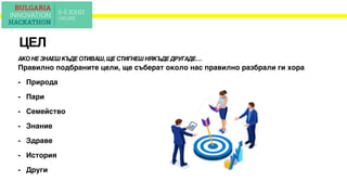 АКО НЕ ЗНАЕШ КЪДЕ ОТИВАШ, ЩЕ СТИГНЕШ НЯКЪДЕ ДРУГАДЕ…
ЦЕЛ
Правилно подбраните цели, ще съберат около нас правилно разбрали ги хора
- Природа
- Пари
- Семейство
- Знание
- Здраве
- История
- Други
 