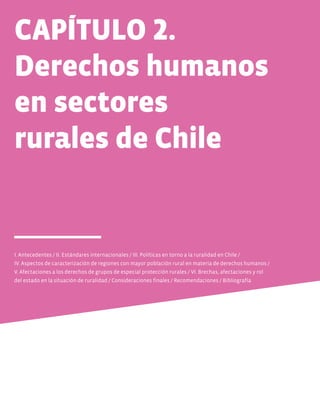 CAPÍTULO 2.
Derechos humanos
en sectores
rurales de Chile
I. Antecedentes / II. Estándares internacionales / III. Políticas en torno a la ruralidad en Chile /
IV. Aspectos de caracterización de regiones con mayor población rural en materia de derechos humanos /
V. Afectaciones a los derechos de grupos de especial protección rurales / VI. Brechas, afectaciones y rol
del estado en la situación de ruralidad / Consideraciones finales / Recomendaciones / Bibliografía
 