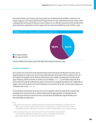 40,4%
58,6%
Sin agua potable
Con agua potable
No es de extrañar, por lo tanto, que, de acuerdo con la Defensoría de la Niñez, el derecho a la
salud, al agua y a una buena alimentación figure entre los más importantes para las niñas, niños
y adolescentes entre quinto básico a cuarto medio, con un 28% de menciones entre los derechos
más relevantes, quedando en tercer lugar entre las menciones (Defensoría de la Niñez, 2019).
Gráfico 4: Escuelas sin agua potable en zonas rurales. Chile.
Fuente: elaboración propia a partir de datos de Fundación Amulen, 2019.
Perspectiva de género
De acuerdo con el testimonio de representantes de la Asociación de Mujeres Insulares por el
Agua (Amipa), las mujeres son las primeras afectadas por la escasez hídrica, dado que son las
principales encargadas de las labores domésticas y de cuidado, de modo que la ausencia de
agua impacta, posteriormente, en todas sus actividades. (nota 50) Una madre mapuche de la
comuna de San José de la Mariquina, quien se encuentra a cargo de las labores de cuidado de su
hogar, ilustra tal situación con la dificultad que en ocasiones ha tenido, incluso, para preparar la
mamadera de su hijo. (nota 51)
Otro elemento importante tiene que ver con los impactos sobre la salud de las mujeres que
puede generar la ausencia de un sistema adecuado de agua potable. Un ejemplo de ello
es el caso que enfrenta a varios vecinos y vecinas de la localidad de Laguna Verde con la
Municipalidad de Valparaíso
(nota 50) Grupo focal con representantes de la Asociación de Mujeres Insulares por el
Agua y con mujeres mapuche de Chiloé, incluyendo a la Longko Clementina Lepío,
autoridad ancestral del pueblo mapuche-huilliche. Realizado el 4 de octubre de 2022.
(nota 51) Grupo focal con representantes de comunidades mapuche de
San José de la Mariquina, Región de Los Ríos, realizada por el INDH
para este Informe, con fecha 30 de septiembre de 2022.
Capítulo 3. Derecho al agua, cambio climático y desarrollo sostenible
199
 