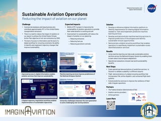 Sustainable Aviation Operations
Reducing the impact of aviation on our planet
Challenge
• Commercial airplanes and large business jets
contribute approximately 10% of the United States
transportation emissions
• There is a need to reduce the impact of aviation on
our planet to achieve the United States Climate
Action Plan objective of net-zero emissions by 2050
• The lack of access to information and the lack of a
digital workflow for rerouting constrains the ability
to identify and implement trajectory changes that
improve sustainability
Improved access to digital information enables
aviation services that improve sustainability
A digital trajectory negotiation workflow enables
implementation of sustainable trajectories
Expected Impacts
• NASA’s ATM-X project is improving the
sustainability of aviation operations to provide
fleet-wide benefits to existing aircraft
• Improvement to sustainability will reduce the
impact of aviation on our planet by:
— Reducing emissions
— Reducing fuel use
— Reducing persistent contrails
Partners
• The Federal Aviation Administration (FAA)
• Aviation service providers
• Airline partners
Solution
• Develop a reference digital information platform to
identify requirements for sharing digital information
needed to train and implement predictive machine
learning services
• Develop and demonstrate machine learning services to
improve predictions of the airspace and identify
sustainable reroute opportunities
• Demonstrate a digital rerouting workflow that enables
operators to seamlessly implement sustainable routes
identified aviation services
Results
• Using machine learning can help scale sustainable aviation
services across the National Airspace System by enabling them
to learn about local airspace adaptations
• Operational evaluations showed real world sustainability
benefits
Machine learning services improve predictions of
the National Airspace System
University challenges empower the next generation
to solve challenging real-world problems
Next Steps
• Scale operational demonstrations of predictive services to
Houston to validate scalability to different airports
• Flight demonstrations of a digital rerouting workflow that
incorporates FAA, airline dispatch, and connected flight deck
systems
• Extend predictive services to improve the resilience of fleet-
wide irregular operations
Challenge Goal:
Phase I: Build a model to predict pushback time at US Airports
Phase II: Build a model based on Federated Learning framework
Five Winning Teams out of 458 Submissions
SFNP Ops 2
FY23-27
Integrated
Airborne
Rerouting
Fleet Wide
Irregular
Operations
Management
SFNP Ops 3
FY24-28
SFNP Ops 4
FY25-30
Capstone
Demonstration
Collaborating with the FAA and industry to demonstrate
reduced emissions and fuel use for aviation operations
Digital Pre & Post Departure
Rerouting Workflow and and
Contrail Avoidance
Aviation Services to Optimize
Pre Departure Routing
SFNP Ops 1
FY22-25
Pre Departure
Rerouting
`
4D trajectory optimization through
an end-to-end digital workflow
Fleet Optimization for
Irregular Operations
Machine Learning Based Services
Automated Scalable Surface Operation Prediction Model
Absorbs information from
multiple existing data sources
Flexible to new tasks
Learns detailed knowledge
Semi-automated
maintenance
SME data
Surface data
Similar to:
3D printer
Updating…
5
Machine learning is being used to achieve real world benefits and to inform operational decisions
Services currently deployed include:
• Airport configuration prediction
• Taxi time prediction
• Runway prediction
5
Real-World Sustainability Benefits (2022-2023)
Fuel Savings
Actual: 68 flights
Over 55,000 lbs
Emissions Savings
Actual: 68 flights
Over 169K lbs. CO2 or
over 1200 urban trees
Learn More
 