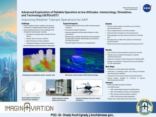 Advanced Exploration of Reliable Operation at low Altitudes: meteorology, Simulation,
and Technology (AEROcAST)
Improving Weather Tolerant Operations for AAM
Challenge
• Createa weathersensing,modeling,and reasoning
frameworkfor enablingweathertolerantoperations
• Improveflightperformancein the challengesof the
atmosphericboundarylayer,requiring:
o Atmospheric boundary layer wind data with low
latency
o Weather data in extreme conditions
o New techniques for urban navigation
o Modeling and display of winds and turbulence
• Understandingthe windenvironmentin urbanareas
Modeling and visualization allows “seeing” wind
Dual-Doppler wind lidar for
measurement validation
Expected Impacts
• Enhancedsafetyand efficiencyof AAM in adverseweather
conditions
• Moreefficientvertiportoperations
• Improvednavigationanddecreasedturbulencein urban
environments
• Fillingthe gap of weatherobservationsin the atmospheric
boundarylayerandbetterunderstandingof wind flowsin
the urbanenvironment
• Improvedweatherforecastsfor manyapplications
Solution
• UAVs as a sensor platform and better use of existing
ground-based sensors
• Sensor implementation for extreme weather
• Advanced lidar techniques for wind measurement
• Data aggregation and low-latency distribution of weather
data
• Wind data fed to models and simulation for identifying
potential hazards
• Machine learning and computational fluid dynamics (CFD)
Results
• Cost-effective wind and weather sensing from vehicles
• Multiple sensor and data technologies for weather
situational awareness
• Solutions for weather-tolerant Advanced Air Mobility (AAM)
• Dataset of atmospheric measurements around a building
for UAM stakeholders
ARC water tunnel model of AFRC Shuttle Hangar
Altruistic Weather Scout for severe
conditions
Next Steps
• Distribution of wind measurement database
• Publication of modeling results, new sensing techniques,
and measurement validation
• Interaction with university research and small business
• Several patents available for licensing of projects
technology advancements
Flight testing of vehicle-
based wind sensing
POC: Dr. Grady Koch (grady.j.koch@nasa.gov_
Partners
• NASA ConvergentAeronauticsSolutions
• Four NASA Centers:
o AFRC:meteorologicalresearchand flighttesting
o ARC:wind modeling,simulation,and visualization
o GRC: sensingin extremeweatherconditions
o LaRC:wind sensingand dataaggregation
• VirginiaTech, vehicle-basedwind measurement
 