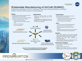 SUstainable Manufacturing of AirCraft (SUMAC)
Exploring a paradigm-shift in materials, manufacturing processes, testing &
health monitoring focused on sustainability
Challenge
-Worlddemandfor aerospacealloys exceedsthe amount
of availablescrapby 1/3 at least until2050
-Compositeaircraftcomponentsare largelyunrecyclable
-Sustainablymanufacturingaircraftwillrequire:
• Advancedmaterialstechnologies
• Materialstate awarenessthroughoutvehiclelife
cycle
• Scrapand recyclinglogistics
• Environmentalregulations
Aspects of the sustainably-derived thermoplastic
composite that will be addressed in SUMAC
Expected Impacts
- Minimize the adverse impact of aviation
manufacturing and aircraft life cycle on the
environment
- Assess how NASA could potentially contribute to a
paradigm-shift in the manufacturing of aircraft
with a focus on sustainability
Partners and/or Participants
• Several organizations at NASA’s research centers
• FAA, Larry Ilcewicz
• Engaging several academic institutions
• Discussing mutual interest with aircraft manufacturers,
materials suppliers, and others within aerospace supply chain
Expected Impacts
- Conductedinternalandexternalinterviews,technical -
interchangemeetings,andworkshopsto:
• Scopeareas to proposefor furtherresearchactivities
• Identifykey industryandacademicpartners
• Illuminatekey relevantNASAcapabilities
Results
- Transitionto AdvancedAirMobility(AAM)applications
- Workclosely with internalandexternalpartners
- Developresearchplansto rapidlyincrease“product
readiness”
- Integrateanticipatedoutcomewith ongoingand anticipated
AeronauticsMissionResearchDirectorateobjectives
Next Steps
• Couple research objectives for high product readiness
systems and low product readiness systems to enable both
rapid integration and long-term impacts on sustainability
• Down-select resins, fibers, sensing capabilities, and
manufacturing approach
• Seek organizations actively pursuing sustainability objectives
related to composite materials and manufacturing
POC: Chris Wohl and Sang-Hyon Chu (NASA Langley Research Center)
 