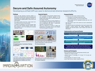 Secure and Safe Assured Autonomy
Developing a unified UAM use case to demonstrate diverse research efforts.
Challenge
- Secure and Safe Autonomy Assurance (S2A2) is a
University-led initiative that focuses on developing new
technologies and innovative operational concepts for
realizing Urban Air Mobility (UAM) in a safe, secure, and
robust manner.
- This project involves more than a dozen teams from
three universities and an industry partner.
- To handle the complexities of the UAM concept, these
teams have been assigned individual research tasks
that contribute to one of the following four technical
challenge (TC) areas:
TC1: Safe Perception, Coordination, Planning,
and Navigation
TC3: Verification & Validation and Test &
Evaluation
Expected Impacts
- UAM is a complex concept; therefore, different teams
are contributing to different segments of the
problem using a wide range of technical approaches
and research methods.
- For example, some teams are using simulations to
test and validate their algorithms, while others have
set up experiments with UAVs to approximate
passenger-carrying aerial vehicles.
- While such differences are helpful in adding new
perspectives to the problem, they can also dissipate
the overarching goal of the project.
Partners and Participants
• North Carolina Agricultural and Technical State University, Lead
University, TC-1 Lead, TC-3 Lead.
• Georgia Institute of Technology, TC-1 Co-lead, TC-3 Co-Lead, and
TC-4 Co-Lead.
• Purdue University, TC-2 Lead, TC-4 Lead.
• Aurora Flight Sciences, System Integration Partner.
Proposed Solution
- A common use case scenario, defined as follows:
• 28 vertiports in the Greater Atlanta Metro Area.
• One UAM fleet operator, one service provider (PSU).
• Flight schedule with 50+ passenger-carrying trips over a 30-
minute period.
- Each team selects a part of the common use case to demonstrate
their research.
- This approach retains the individuality of each team’s research while
providing a shared narrative that enables collaboration and
highlights the real-world impact of each research task within the
S2A2 project.
Implementation and Expected Results
TC2: Secured Autonomy
TC4: System Integration
Goal: Develop flexible and adaptive coordination and control
algorithms for UAM.
Goal: Provide provable guarantees of correctness of the
UAM software via V&V and support them through T&E.
Goal: Integrate research efforts across all TCs through
dependency analytics, simulation and experimental tests.
Goal: Develop resilient control and machine learning-based
methods to defend against or mitigate cyberattacks.
 