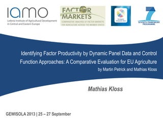 Identifying Factor Productivity by Dynamic Panel Data and Control
Function Approaches: A Comparative Evaluation for EU Agriculture
by Martin Petrick and Mathias Kloss
Mathias Kloss
GEWISOLA 2013 | 25 – 27 September
 