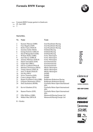 Formula BMW Europe




Subject   Formula BMW Europe gastiert in Zandvoort.
  Date    05. Juni 2009
  Page    3




          Starterliste.

          Nr.   Name                          Team

          2     Kazeem Manzur (GBR)           Josef Kaufmann Racing
          3     Facu Regalia (ESP)            Josef Kaufmann Racing
          4     Robin Frijns (NED) R          Josef Kaufmann Racing
          5     Jazeman Jaafar (MAS)          Eifelland Racing
          6     George Katsinis (GRE) R       Eifelland Racing
          7     David Mengesdorf (GER)        Eifelland Racing
          8     William Buller (GBR)          Fortec Motorsport
          9     Jack Harvey (GBR) R           Fortec Motorsport
          10    Antonio Martinez (ESP) R      Fortec Motorsport
          11    Daniel Juncadella (ESP)       Eurointernational
          12    Felipe Nasr (BRA)             Eurointernational
          14    Olivier Lombard (FRA) R       Eurointernational
          15    Michael Christensen (DEN)     Mücke Motorsport
          16    Timmy Hansen (SWE) R          Mücke Motorsport
          17    Jack Te Braak (NED) R         Mücke Motorsport
          18    Jim Pla (FRA)                 DAMS
          19    Javier Tarancon (ESP)         DAMS
          20    Come Ledogar (FRA)            DAMS
          21    Rupert Svendsen-Cook (GBR)    Raikkonen Robertson Racing
          23    Gregoire Demoustier (FRA)     Raikkonen Robertson Racing
          24    Doru Sechelariu (ROM)         Fisichella Motor Sport International
                                              SPA
          25    Kevin Gilardoni (ITA)         Fisichella Motor Sport International
                                              SPA
          26    Ramon Pineiro (ESP)           Fisichella Motor Sport International
                                              SPA
          27    Ollie Millroy (GBR)           Motaworld Racing Europe Ltd
          28    Mikkel Mac (DEN) R            Motaworld Racing Europe Ltd

          R = Rookie
 