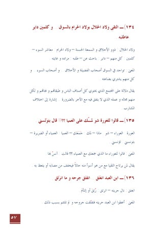 ٥٧
١٣٤
(
‫ـ‬
‫ﺍﻟﺘﻘﻰ‬
‫ﺑﺎﻟﺴ‬ ‫ﺍﳊﺮﺍﻡ‬ ‫ﺑﻮﻻﺩ‬ ‫ﺍﳊﻼﻝ‬ ‫ﻭﻻﺩ‬
‫ﻮﻕ‬
..
‫ﻭ‬
‫ﺩﺍﻳﺮ‬ ‫ﻛﻠﻤﲔ‬
. ‫ﻋﺎﻃﻠﺒﻪ‬
‫ﺍﳊﺴﻨﺔ‬ ‫ﺍﻟﺴﻤﻌﺔ‬ ‫ﻭ‬ ‫ﺍﻷﺧﻼﻕ‬ ‫ﺫﻭﻭ‬ : ‫ﺍﳊﻼﻝ‬ ‫ﻭﻻﺩ‬
–
‫ﺍﻟﺴﻮﺀ‬ ‫ﻣﻌﺎﺷﺮ‬ : ‫ﺍﳊﺮﺍﻡ‬ ‫ﻭﻻﺩ‬
–
‫ﻣﻨﻬﻢ‬ ‫ﻛﻞ‬ : ‫ﻛﻠﻤﲔ‬
–
‫ﻋﻦ‬ ‫ﺑﺎﺣﺚ‬ : ‫ﺩﺍﻳﺮ‬
–
. ‫ﻏﺎﻳﺘﻪ‬ ‫ﻭ‬ ‫ﻣﺮﺍﺩﻩ‬ : ‫ﻃﻠﺒﻪ‬
‫ﺍﻟﺴﻮﺀ‬ ‫ﺃﺻﺤﺎﺏ‬ ‫ﻭ‬ .. ‫ﺍﻷﺧﻼﻕ‬ ‫ﻭ‬ ‫ﺍﻟﻔﻀﻴﻠﺔ‬ ‫ﺃﺻﺤﺎﺏ‬ ‫ﺍﻟﺴﻮﻕ‬ ‫ﰲ‬ ‫ﺗﻮﺍﺟﺪ‬ : ‫ﺍﳌﻌﲎ‬
‫ﻭ‬ ..
. ‫ﺑﻀﺎﻋﺘﻪ‬ ‫ﻳﺸﺘﺮﻱ‬ ‫ﻣﻨﻬﻢ‬ ‫ﻛﻞ‬
‫ﻳﻘ‬
‫ﺍﻟﺬﻱ‬ ‫ﺘﻤﻊ‬‫ﺍ‬ ‫ﻋﻠﻰ‬ ‫ﺩﻻﻟﺔ‬ ‫ﺎﻝ‬
‫ﻢ‬‫ﻓﺌﺎ‬ ‫ﻭ‬ ‫ﻢ‬‫ﻃﺒﻘﺎ‬ ‫ﻭ‬ ‫ﺍﻟﻨﺎﺱ‬ ‫ﺃﺻﻨﺎﻑ‬ ‫ﻛﻞ‬ ‫ﳛﺘﻮﻱ‬
‫ﻟﻜﻞ‬ ‫ﻭ‬
‫ﺍﺧﺘﻼﻑ‬ ‫ﺇﱃ‬ ‫ﺇﺷﺎﺭﺓ‬ .. ‫ﺑﺎﻟﻀﺮﻭﺭﺓ‬ ‫ﺍﻵﺧﺮ‬ ‫ﻣﻊ‬ ‫ﻓﻴﻪ‬ ‫ﻳﺘﻔﻖ‬ ‫ﻻ‬ ‫ﺍﻟﺬﻱ‬ ‫ﻋﻤﻠﻪ‬ ‫ﻭ‬ ‫ﳎﺎﻟﻪ‬ ‫ﻣﻨﻬﻢ‬
. ‫ﺍﳌﺸﺎﺭﺏ‬
١٣٥
(
‫ـ‬
‫ﳌـ‬ ‫ﺷﻮ‬ ‫ﻟﻠﻌﻮﺭﺓ‬ ‫ﻗﺎﻟﻮﺍ‬
ّ
‫ﺑﺘﻮ‬ ‫ﻗﺎﻝ‬ !!‫؟؟‬ ‫ﺍﻟﻌﻤﻴﺎ‬ ‫ﻋﻠﻰ‬ ‫ﻚ‬

. ‫ﺴﲏ‬‫ﻧ‬
‫ﺍﻟﻌﻮﺭﺍﺀ‬ : ‫ﺍﻟﻌﻮﺭﺓ‬
–
‫ﻣﺎﺫﺍ‬ : ‫ﺷﻮ‬
–
‫ﺟ‬ : ‫ﳌﻚ‬

‫ﻤ‬

‫ﻌ‬

‫ﻚ‬

–
‫ﺍﻟﻀﺮﻳﺮﺓ‬ ‫ﺃﻭ‬ ‫ﺍﻟﻌﻤﻴﺎﺀ‬ : ‫ﺍﻟﻌﻤﻴﺎ‬
–
. ‫ﺗﺆﻧﺴﲏ‬ : ‫ﺑﺘﻮﻧﺴﲏ‬
. ‫ﺎ‬ ‫ﺁﻧﺲ‬ : ‫ﻗﺎﻟﺖ‬ ‫؟؟‬ ‫ﺍﻟﻌﻤﻴﺎﺀ‬ ‫ﻣﻊ‬ ‫ﲨﻌﻚ‬ ‫ﺍﻟﺬﻱ‬ ‫ﻣﺎ‬ ‫ﻟﻠﻌﻮﺭﺍﺀ‬ ‫ﻗﺎﻟﻮﺍ‬ : ‫ﺍﳌﻌﲎ‬

. ‫ﺑﻪ‬ ‫ﻳﺘﻌﻆ‬ ‫ﺃﻭ‬ ‫ﻣﺼﺎﺑﻪ‬ ‫ﻣﻦ‬ ‫ﻓﻴﺨﻔﻒ‬ ‫ﺣﺎﻻ‬ ‫ﻣﻨﻪ‬ ‫ﺃﺳﻮﺃ‬ ‫ﻫﻮ‬ ‫ﻣﻦ‬ ‫ﻣﻊ‬ ‫ﺍﻟﻠﻘﻴﺎ‬ ‫ﻳﺮﺗﺎﺡ‬ ‫ﳌﻦ‬ ‫ﻳﻘﺎﻝ‬
‫ﹰ‬
١٣٦
(
‫ﺍﻧﻌ‬ ‫ﺍﻟﻌﺒﺪ‬ ‫ﺍﺑﻦ‬ ‫ـ‬

‫ﺘ‬

‫ﻖ‬
..
‫ﺍﻧﻔﺘ‬

‫ﺍﻧﺮ‬ ‫ﻣﺎ‬ ‫ﻭ‬ ‫ﺟﺮﺣﻪ‬ ‫ﻖ‬

‫ﺗ‬
. ‫ﻖ‬
‫ﺍﻧﻌﺘﻖ‬
‫ﺣﺮﻳﺘﻪ‬ ‫ﻧﺎﻝ‬ :
–
. ‫ﺇﻟﺘﺄﻡ‬ ‫ﺃﻭ‬ ‫ﻖ‬‫ﺗ‬‫ﺭ‬ : ‫ﺍﻧﺮﺗﻖ‬
  
. ‫ﺫﻟﻚ‬ ‫ﺑﺴﺒﺐ‬ ‫ﺗﻠﺘﺌﻢ‬ ‫ﱂ‬ ‫ﻭ‬ ‫ﺟﺮﻭﺣﻪ‬ ‫ﻘﺖ‬‫ﻓﺘﻔﺘ‬ ‫ﺣﺮﻳﺘﻪ‬ ‫ﺍﻟﻌﺒﺪ‬ ‫ﺍﺑﻦ‬ ‫ﺃﻋﻄﻮﺍ‬ : ‫ﺍﳌﻌﲎ‬

 