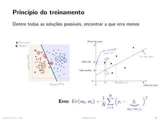 Princı́pio do treinamento
Dentre todas as soluções possı́veis, encontrar a que erra menos
(Área da casa)
(Preço da casa)
Valor predito
Valor real
ŷ = w0 + w1 x
Erro: Err(w0, w1) =
1
N
N
X
i=1

yi − ŷi
|{z}
w0+w1 xi
2
SYNESTECH.AI / USP IA90@SIICUSP31 17
 