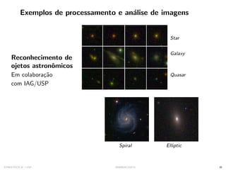 Exemplos de processamento e análise de imagens
Reconhecimento de
ojetos astronômicos
Em colaboração
com IAG/USP
Star
Galaxy
Quasar
Spiral Elliptic
SYNESTECH.AI / USP IA90@SIICUSP31 35
 