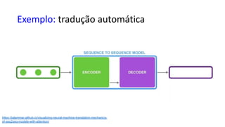 Exemplo: tradução automática
https://jalammar.github.io/visualizing-neural-machine-translation-mechanics-
of-seq2seq-models-with-attention/
 