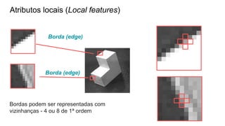 Atributos locais (Local features)
Borda (edge)
Borda (edge)
Bordas podem ser representadas com
vizinhanças - 4 ou 8 de 1ª ordem
 