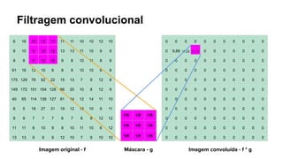 Filtragem convolucional
6 16 15 12 11 11 11 10 10 12 10
8 10 9 10 12 13 13 11 10 9 9
8 8 9 12 10 9 8 10 11 8 9
61 16 12 10 6 8 9 10 10 6 8
175 129 78 52 22 15 13 7 9 12 8
149 172 151 154 128 66 20 10 8 12 9
40 65 114 139 127 61 14 12 14 11 10
6 5 18 27 31 19 12 13 10 9 11
8 9 7 7 7 6 7 8 9 12 12
11 11 8 10 9 8 10 11 10 6 12
13 13 9 9 9 12 10 7 9 10 10
1/9 1/9 1/9
1/9 1/9 1/9
1/9 1/9 1/9
0 0 0 0 0 0 0 0 0 0 0
0 9,89 11,22 11,11 0 0 0 0 0 0 0
0 0 0 0 0 0 0 0 0 0 0
0 0 0 0 0 0 0 0 0 0 0
0 0 0 0 0 0 0 0 0 0 0
0 0 0 0 0 0 0 0 0 0 0
0 0 0 0 0 0 0 0 0 0 0
0 0 0 0 0 0 0 0 0 0 0
0 0 0 0 0 0 0 0 0 0 0
0 0 0 0 0 0 0 0 0 0 0
0 0 0 0 0 0 0 0 0 0 0
Imagem original - f Imagem convoluída - f * g
Máscara - g
 