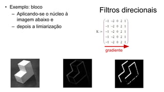 Filtros direcionais
• Exemplo: bloco
– Aplicando-se o núcleo à
imagem abaixo e
– depois a limiarização
gradiente
 