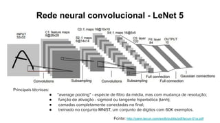Rede neural convolucional - LeNet 5
Fonte: http://yann.lecun.com/exdb/publis/pdf/lecun-01a.pdf
Principais técnicas:
● “average pooling” - espécie de ﬁltro da média, mas com mudança de resolução;
● função de ativação - sigmoid ou tangente hiperbólica (tanh);
● camadas completamente conectadas no ﬁnal;
● treinado no conjunto MNIST, um conjunto de dígitos com 60K exemplos.
 