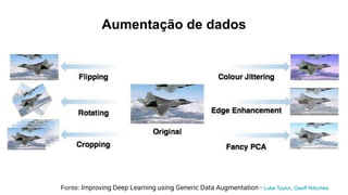 Aumentação de dados
Fonte: Improving Deep Learning using Generic Data Augmentation - Luke Taylor, Geoff Nitschke
 