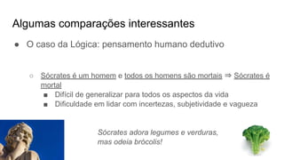 Algumas comparações interessantes
● O caso da Lógica: pensamento humano dedutivo
○ Sócrates é um homem e todos os homens são mortais ⇒ Sócrates é
mortal
■ Difícil de generalizar para todos os aspectos da vida
■ Dificuldade em lidar com incertezas, subjetividade e vagueza
Sócrates adora legumes e verduras,
mas odeia brócolis!
 