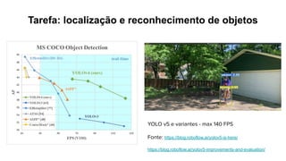 Tarefa: localização e reconhecimento de objetos
YOLO v5 e variantes - max 140 FPS
Fonte: https://blog.roboflow.ai/yolov5-is-here/
https://blog.roboflow.ai/yolov5-improvements-and-evaluation/
 