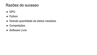 Razões do sucesso
● GPU
● Python
● Grande quantidade de dados rotulados
● Competições
● Software Livre
 