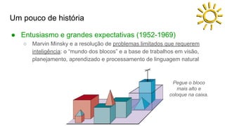 Um pouco de história
● Entusiasmo e grandes expectativas (1952-1969)
○ Marvin Minsky e a resolução de problemas limitados que requerem
inteligência: o “mundo dos blocos” e a base de trabalhos em visão,
planejamento, aprendizado e processamento de linguagem natural
Pegue o bloco
mais alto e
coloque na caixa.
 