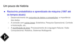 Um pouco de história
● Raciocínio probabilístico e aprendizado de máquina (1987 até
os tempos atuais)
○ Desenvolvimento de conjuntos de dados e competições: a importância
dos dados
○ A conexão com outras áreas: Estatística, Pesquisa Operacional, Controle
e Automação, etc.
○ A reunificação da área: Processamento de Linguagem Natural, Visão
Computacional, Robótica, Sistemas Multiagente
 