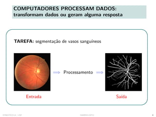 COMPUTADORES PROCESSAM DADOS:
transformam dados ou geram alguma resposta
TAREFA: segmentação de vasos sanguı́neos
=⇒ Processamento =⇒
Entrada Saı́da
SYNESTECH.AI / USP IA90@SIICUSP31 4
 