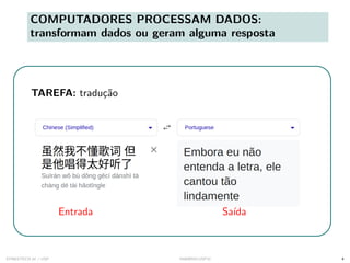 COMPUTADORES PROCESSAM DADOS:
transformam dados ou geram alguma resposta
TAREFA: tradução
Entrada Saı́da
SYNESTECH.AI / USP IA90@SIICUSP31 4
 