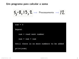 Um programa para calcular a soma
=⇒ Processamento =⇒
SYNESTECH.AI / USP IA90@SIICUSP31 6
 