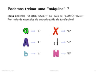 Podemos treinar uma “máquina” ?
Ideia central: “O QUE FAZER” ao invés de “COMO FAZER”
Por meio de exemplos de entrada-saı́da da tarefa-alvo!
=⇒ ’a’
=⇒ ’A’
=⇒ ’b’
=⇒ ’X’
=⇒ ’d’
=⇒ ’M’
SYNESTECH.AI / USP IA90@SIICUSP31 9
 
