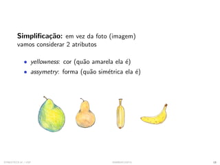 Simplificação: em vez da foto (imagem)
vamos considerar 2 atributos
• yellowness: cor (quão amarela ela é)
• assymetry: forma (quão simétrica ela é)
SYNESTECH.AI / USP IA90@SIICUSP31 13
 