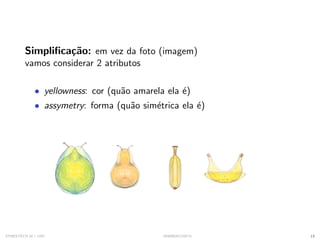 Simpliﬁcação: em vez da foto (imagem)
vamos considerar 2 atributos
• yellowness: cor (quão amarela ela é)
• assymetry: forma (quão simétrica ela é)
SYNESTECH.AI / USP IA90@SIICUSP31 13
 