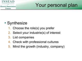 Your personal planSynthesizeChoose the role(s) you preferSelect your industrie(s) of interestList companiesCheck with professional culturesMind the growth (industry, company)