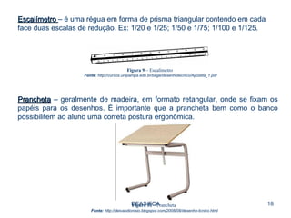 DEAS/FCA Escalímetro  – é uma régua em forma de prisma triangular contendo em cada face duas escalas de redução. Ex: 1/20 e 1/25; 1/50 e 1/75; 1/100 e 1/125. Figura 9  – Escalímetro  Fonte:  http://cursos.unipampa.edu.br/bage/desenhotecnico/Apostila_1.pdf Prancheta  – geralmente de madeira, em formato retangular, onde se fixam os papéis para os desenhos. È importante que a prancheta bem como o banco possibilitem ao aluno uma correta postura ergonômica.  Figura 10  – Prancheta  Fonte:  http://deivaodionisio.blogspot.com/2008/08/desenho-tcnico.html 