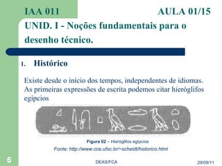 Histórico IAA 011   AULA 01/15  UNID. I - Noções fundamentais para o desenho técnico. 29/09/11 DEAS/FCA Existe desde o início dos tempos, independentes de idiomas. As primeiras expressões de escrita podemos citar hieróglifos egípcios Figura 02  – Hieróglifos egípcios  Fonte: http://www.cce.ufsc.br/~scheidt/historico.html  