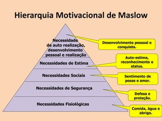 Hierarquia Motivacional de Maslow
Necessidade
de auto realização,
desenvolvimento
pessoal e realização
Necessidades de Estima
Necessidades Sociais
Necessidades de Segurança
Necessidades Fisiológicas
Comida, água e
abrigo.
Defesa e
proteção.
Sentimento de
posse e amor.
Auto-estima,
reconhecimento e
status.
Desenvolvimento pessoal e
conquista.
 