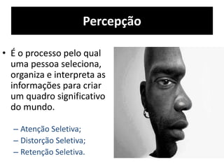 Percepção
• É o processo pelo qual
uma pessoa seleciona,
organiza e interpreta as
informações para criar
um quadro significativo
do mundo.
– Atenção Seletiva;
– Distorção Seletiva;
– Retenção Seletiva.
 