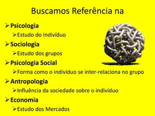 Buscamos Referência na
Psicologia
Estudo do Indivíduo
Sociologia
Estudo dos grupos
Psicologia Social
Forma como o indivíduo se inter-relaciona no grupo
Antropologia
Influência da sociedade sobre o indivíduo
Economia
Estudo dos Mercados
 