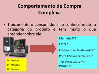Comportamento de Compra
Complexa
• Tipicamente o consumidor não conhece muito a
categoria do produto e tem muito o que
aprender sobre ele.
Memória???
HD???
Off-board ou On-board???
Porta USB ou Paralela???
Tela Plana ou Semi-
Plana???
1º - Crenças;
2º - Atitudes;
3º - Compra.
 