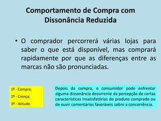 Comportamento de Compra com
Dissonância Reduzida
• O comprador percorrerá várias lojas para
saber o que está disponível, mas comprará
rapidamente por que as diferenças entre as
marcas não são pronunciadas.
1º - Compra;
2º - Crença;
3º - Atitude.
Depois da compra, o consumidor pode enfrentar
alguma dissonância decorrente da percepção de certas
características insatisfatórias do produto comprado ou
de ouvir comentários favoráveis sobre a concorrência.
 