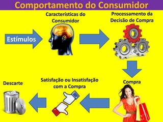 Comportamento do Consumidor
Estímulos
Características do
Consumidor
Processamento da
Decisão de Compra
CompraSatisfação ou Insatisfação
com a Compra
Descarte
 