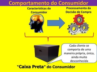 Comportamento do Consumidor
Características do
Consumidor
Processamento da
Decisão de Compra
“Caixa Preta” do Consumidor
Cada cliente se
comporta de uma
maneira própria, única,
ainda muito
desconhecida
 