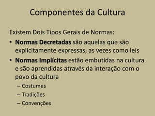 Componentes da Cultura
Existem Dois Tipos Gerais de Normas:
• Normas Decretadas são aquelas que são
explicitamente expressas, as vezes como leis
• Normas Implícitas estão embutidas na cultura
e são aprendidas através da interação com o
povo da cultura
– Costumes
– Tradições
– Convenções
 