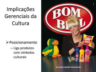 Implicações
Gerenciais da
Cultura
Posicionamento
– Liga produtos
com símbolos
culturais
 
