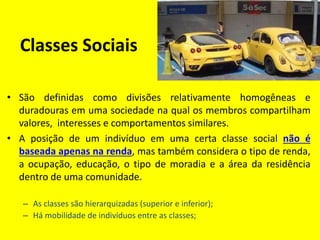 Classes Sociais
• São definidas como divisões relativamente homogêneas e
duradouras em uma sociedade na qual os membros compartilham
valores, interesses e comportamentos similares.
• A posição de um indivíduo em uma certa classe social não é
baseada apenas na renda, mas também considera o tipo de renda,
a ocupação, educação, o tipo de moradia e a área da residência
dentro de uma comunidade.
– As classes são hierarquizadas (superior e inferior);
– Há mobilidade de indivíduos entre as classes;
 