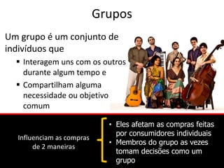 Grupos
Um grupo é um conjunto de
indivíduos que
 Interagem uns com os outros
durante algum tempo e
 Compartilham alguma
necessidade ou objetivo
comum
Influenciam as compras
de 2 maneiras
• Eles afetam as compras feitas
por consumidores individuais
• Membros do grupo as vezes
tomam decisões como um
grupo
 