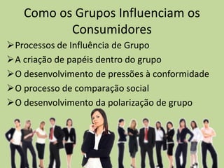 Como os Grupos Influenciam os
Consumidores
Processos de Influência de Grupo
A criação de papéis dentro do grupo
O desenvolvimento de pressões à conformidade
O processo de comparação social
O desenvolvimento da polarização de grupo
 