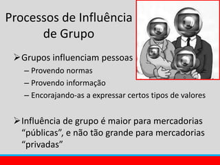 Processos de Influência
de Grupo
Grupos influenciam pessoas
– Provendo normas
– Provendo informação
– Encorajando-as a expressar certos tipos de valores
Influência de grupo é maior para mercadorias
“públicas”, e não tão grande para mercadorias
“privadas”
 